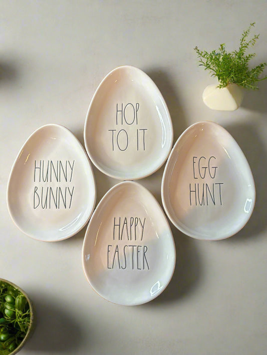 Set of 4 Rae Dunn Easter Egg Plates Egg Hunt Hunny Bunny Happy Easter Hop To It! New 6" x 8"
