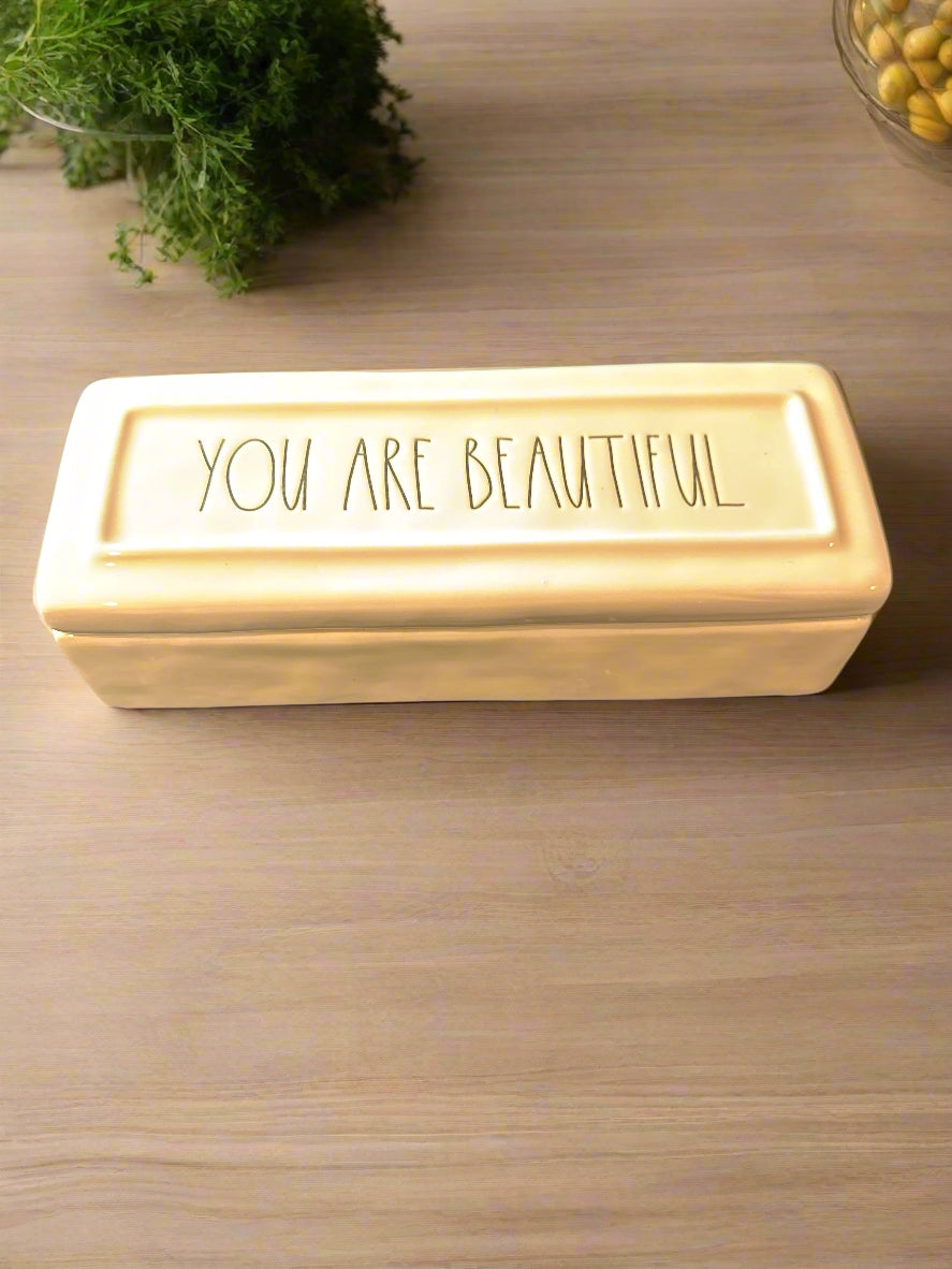Rae Dunn by Magenta "You Are Beautiful" Long Lidded Jewelry Box Glazed Ceramic White 8.75" Long