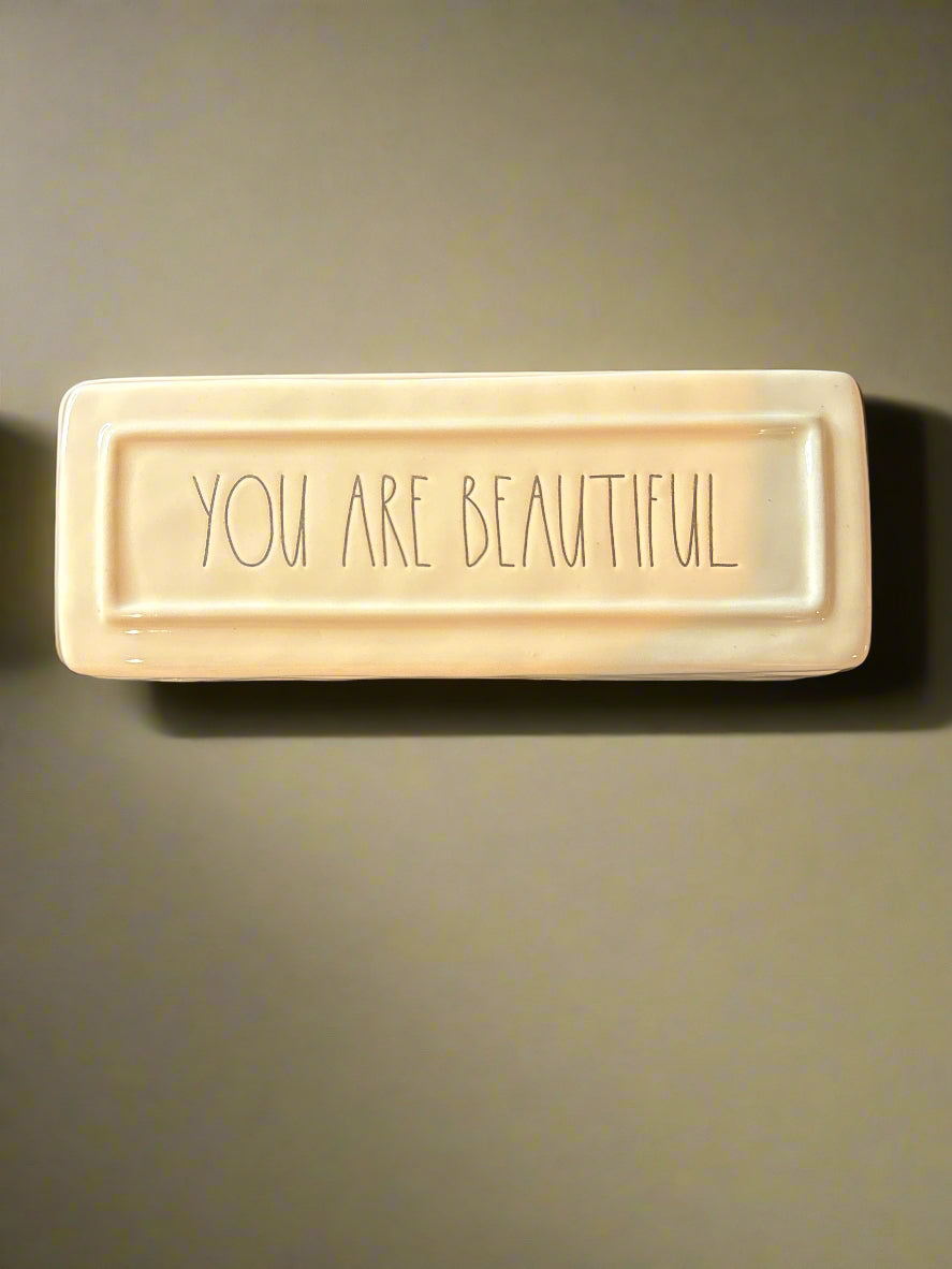 Rae Dunn by Magenta "You Are Beautiful" Long Lidded Jewelry Box Glazed Ceramic White 8.75" Long