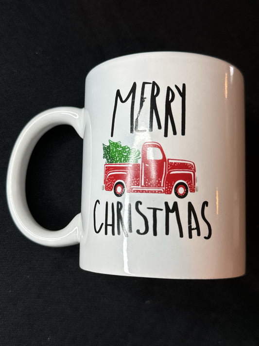 Merry Christmas Red Pickup Truck Coffee Mug 10oz 3.75" Tall