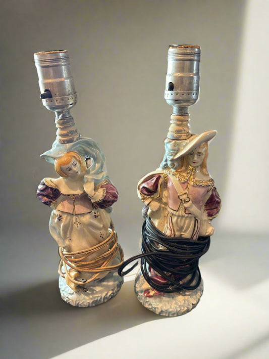 Pair of Vintage Victorian Male and Female Porcelain Figurines Lamps 12" Tall