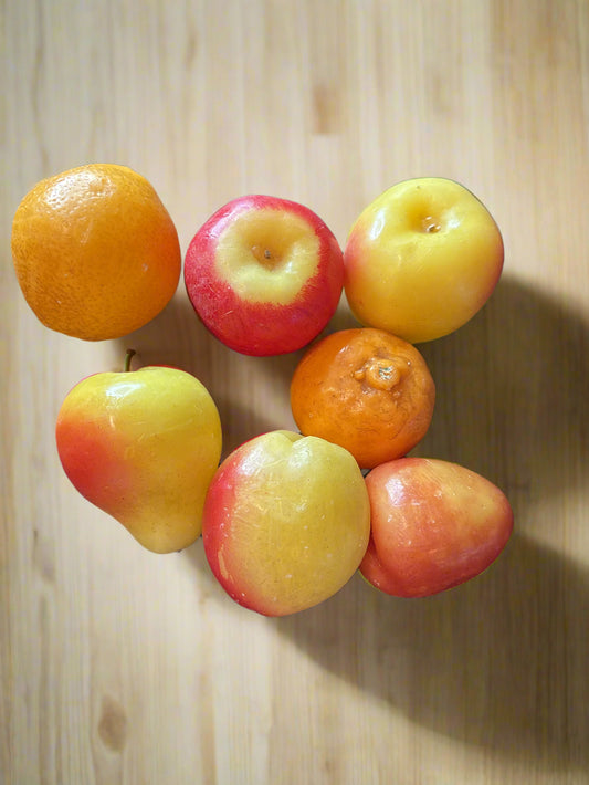 Seven Pieces of Wax Fruit Apples, Oranges, Pear, Apricots, Peaches