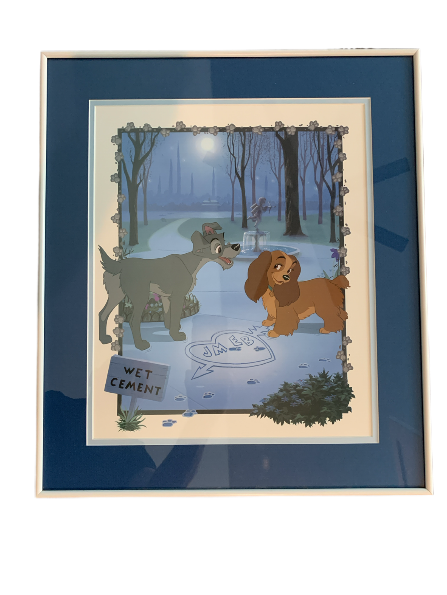 Disney Lady and the Tramp "Paw Prints in Wet Cement" Lithograph Professionally Framed