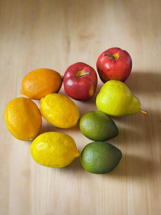 Faux Fruit Mix of Plastic and Paper Mache Apples, Pear, Lime, Lemons, Orange