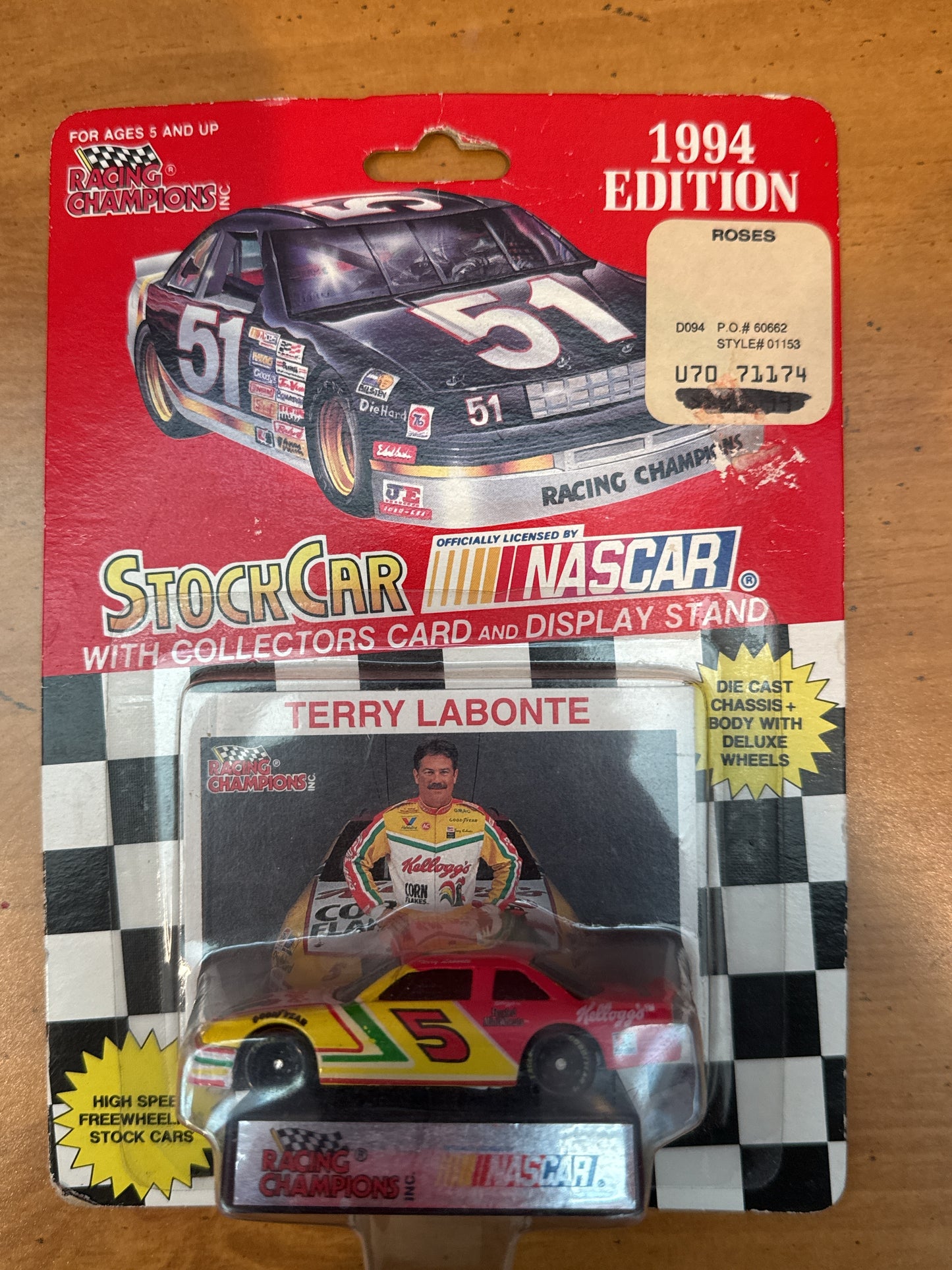 Racing Champions 1994 Terry Labonte Stock Car in pack Stand & Collector Card New in Pack