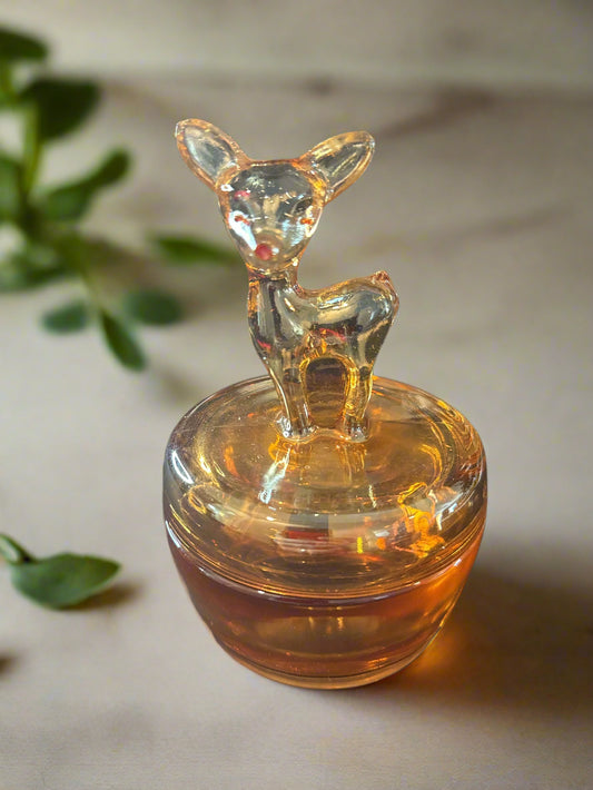 Vintage Jeannette Marigold Carnival Glass Fawn Deer Trinket/Candy Dish With Lid 1950s