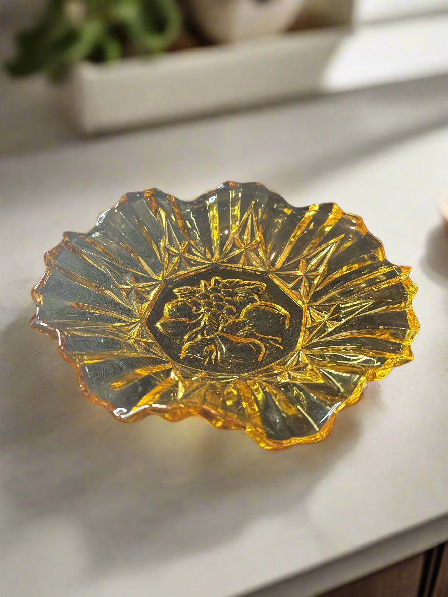 Vintage Federal Depression Glass Dish Pioneer Amber Fruit Bowl with Fluted Edges 1950s