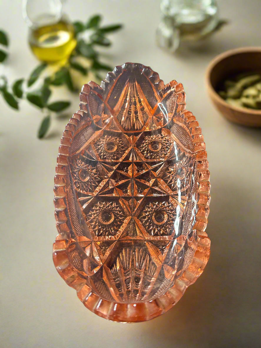 Davidsons Lord & Ladies Pink Depression Glass Candy Dish Patent Rose Pink Frilly Sawtooth