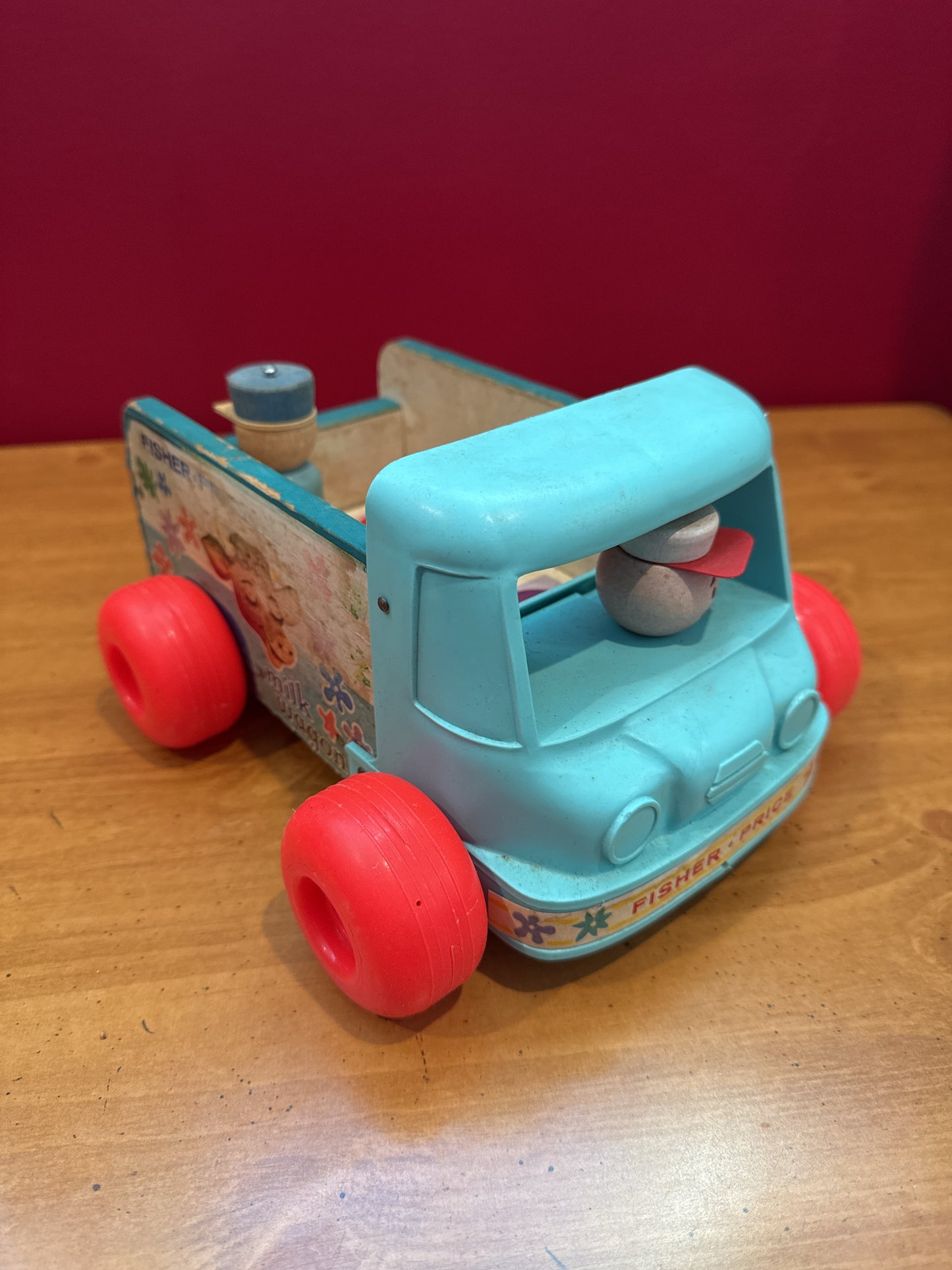 Vintage 1965 Fisher Price #131 Milk Wagon Wood & Plastic Pull Toy & 1 Character
