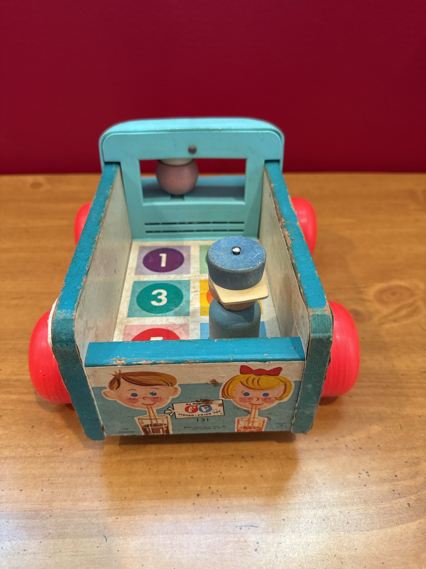 Vintage 1965 Fisher Price #131 Milk Wagon Wood & Plastic Pull Toy & 1 Character