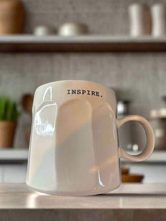 Rae Dunn INSPIRE Magenta Ceramic Coffee Cup Mug Typewriter Font 4.25" Tall