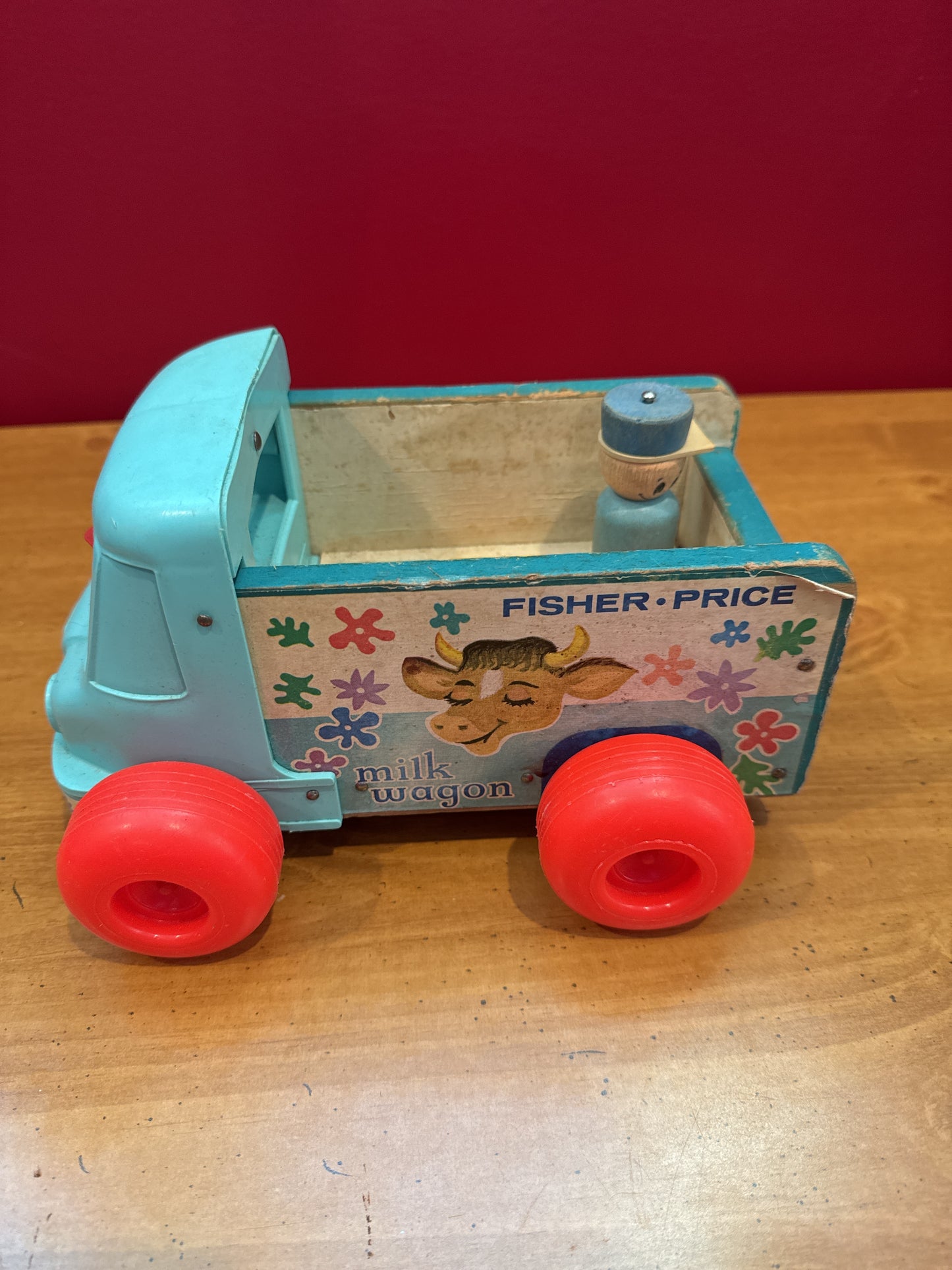 Vintage 1965 Fisher Price #131 Milk Wagon Wood & Plastic Pull Toy & 1 Character