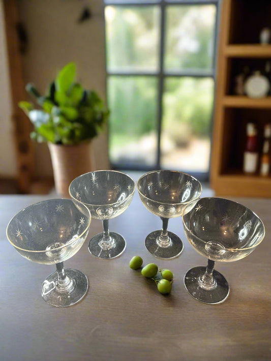 Set of 4 Champagne/Tall Sherbet Glasses Star Dust Pattern by C G Quartzex Crystal 4.25" Tall