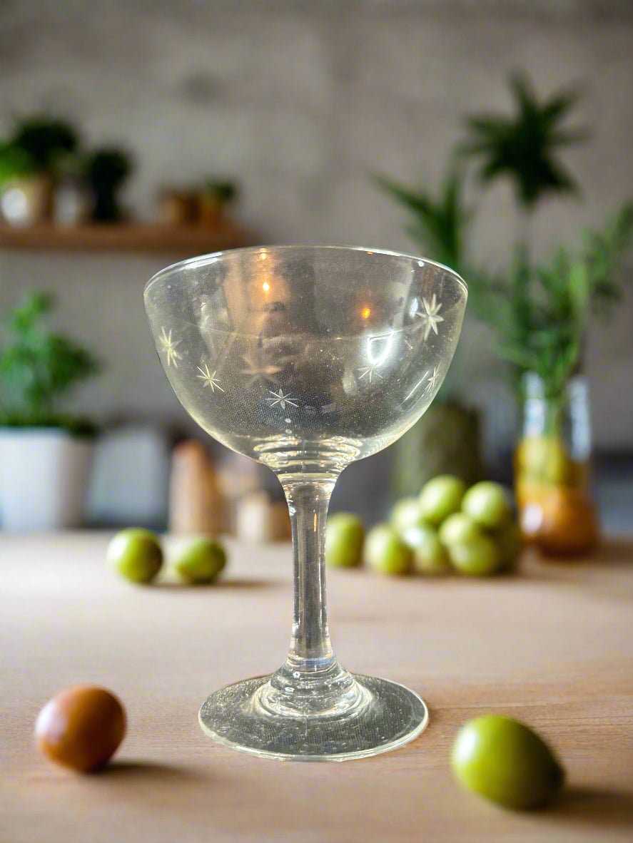 Set of 4 Champagne/Tall Sherbet Glasses Star Dust Pattern by C G Quartzex Crystal 4.25" Tall
