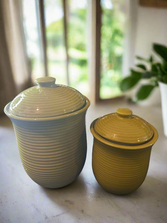 Pair of Nesting Green Ceramic Ribbed Canisters from OGGI 9" & 7" Tall