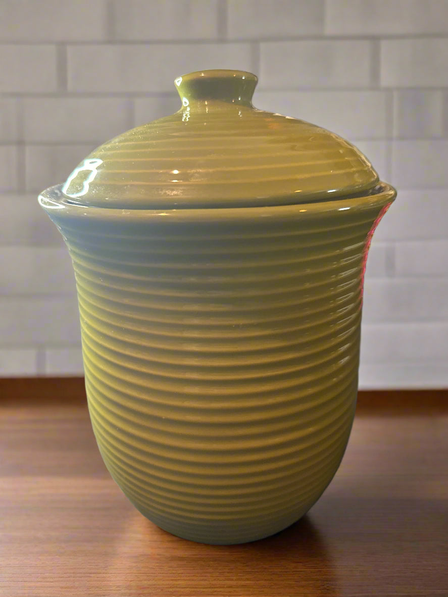 Pair of Nesting Green Ceramic Ribbed Canisters from OGGI 9" & 7" Tall