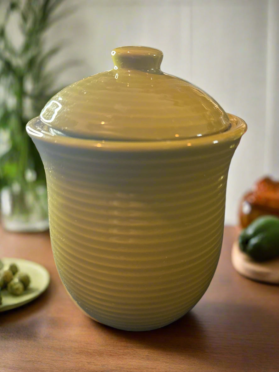 Pair of Nesting Green Ceramic Ribbed Canisters from OGGI 9" & 7" Tall