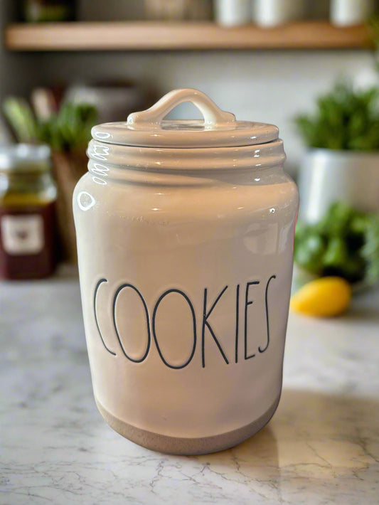 Rae Dunn Tall Cookie Jar "COOKIES" White with Uncoated Bottom 1" Height 9.5" Tall