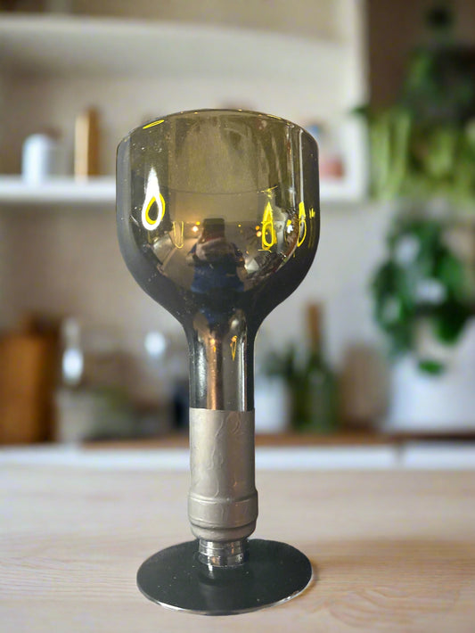 Upcycled Wine Bottle Cut to Make Wine Glass Jabiru Bottom 7.75" Tall Green Glass