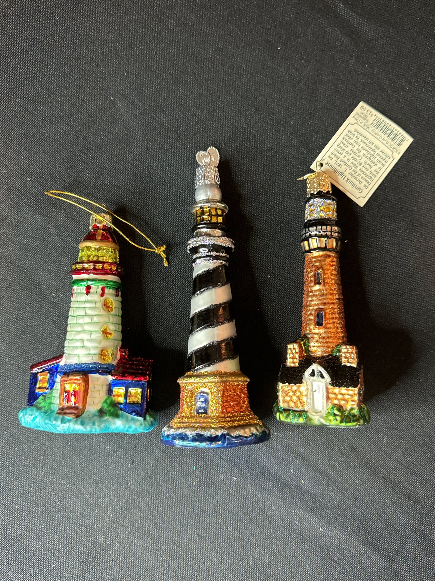 Set of 3 Old World Christmas Collection Glass Blown Ornaments Lighthouses