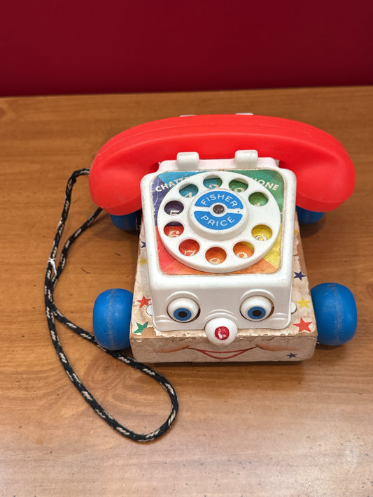 Vintage 1961 Fisher Price Chatter Box Telephone Phone Pull Toy #747 Wood Base