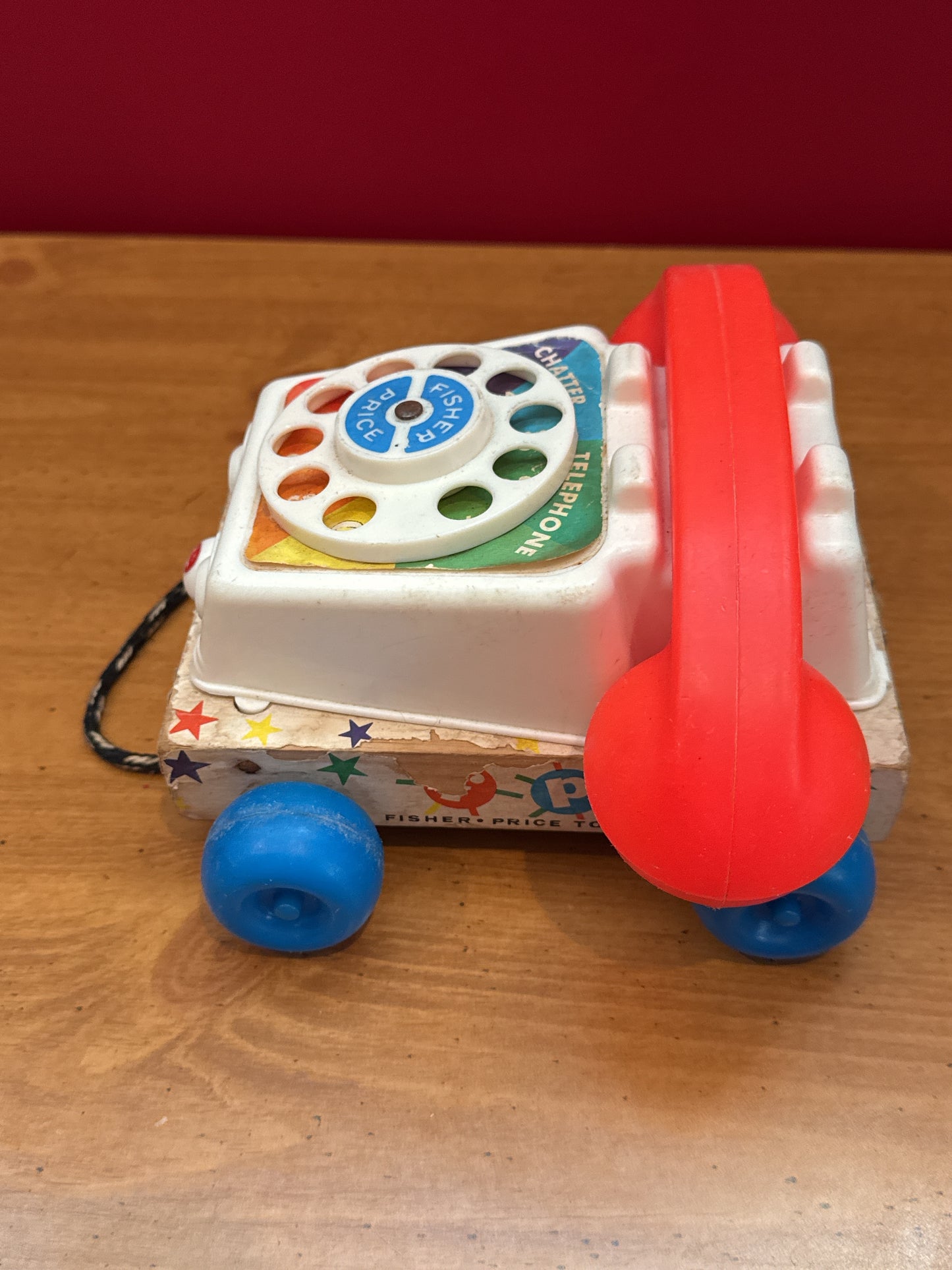 Vintage 1961 Fisher Price Chatter Box Telephone Phone Pull Toy #747 Wood Base