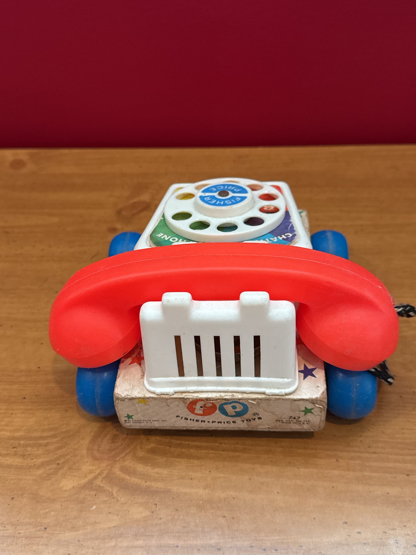 Vintage 1961 Fisher Price Chatter Box Telephone Phone Pull Toy #747 Wood Base