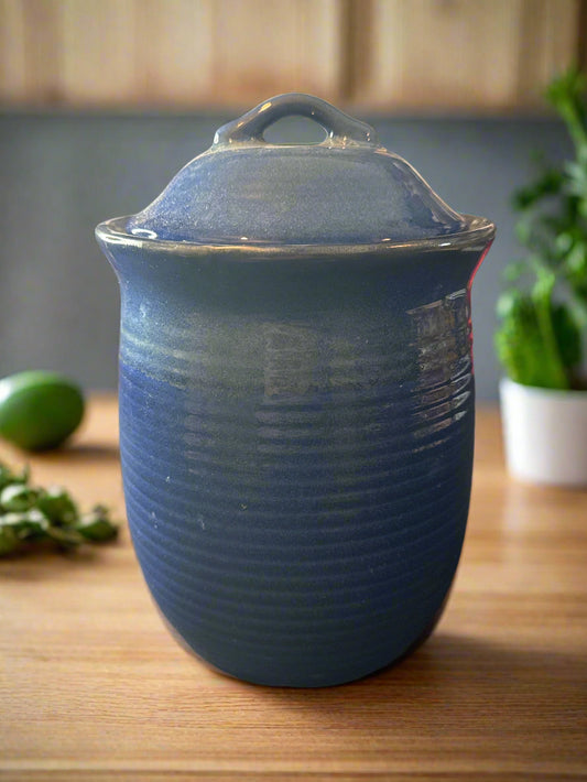 Blue Stoneware Canister w/ Lid 9" Tall Excellent Condition, No Chips or Cracks