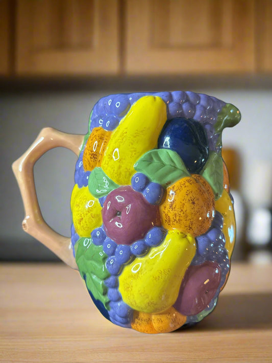 Vintage Ceramic Arts & Crafts Style Large Pitcher Raised Relief Fruit Colorful 90s 8" Tall