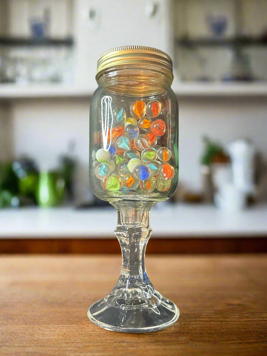 Mason Jar with Stem & 44 Small Marbles 9" Tall