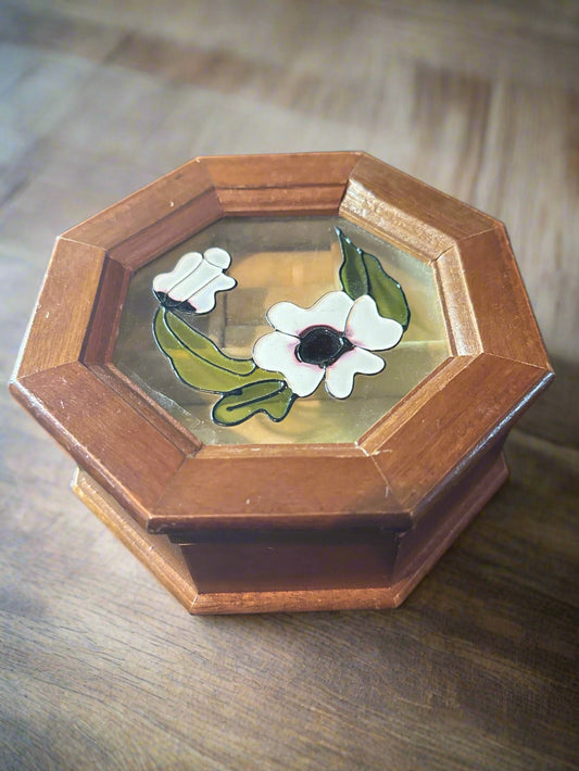 Vintage Gunther Male Wood/Stained Glass Jewelry/Trinket Box - Floral Octagonal 5.5" Wide