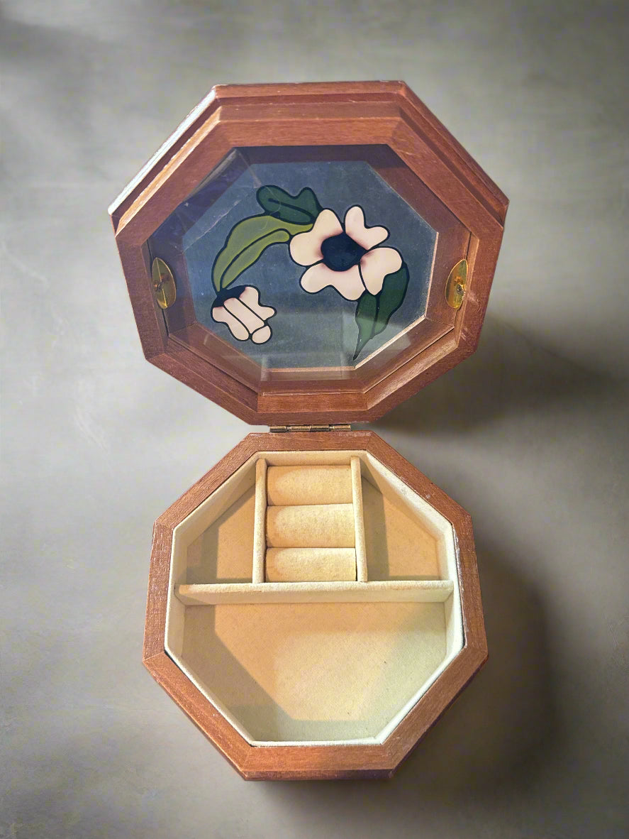 Vintage Gunther Male Wood/Stained Glass Jewelry/Trinket Box - Floral Octagonal 5.5" Wide