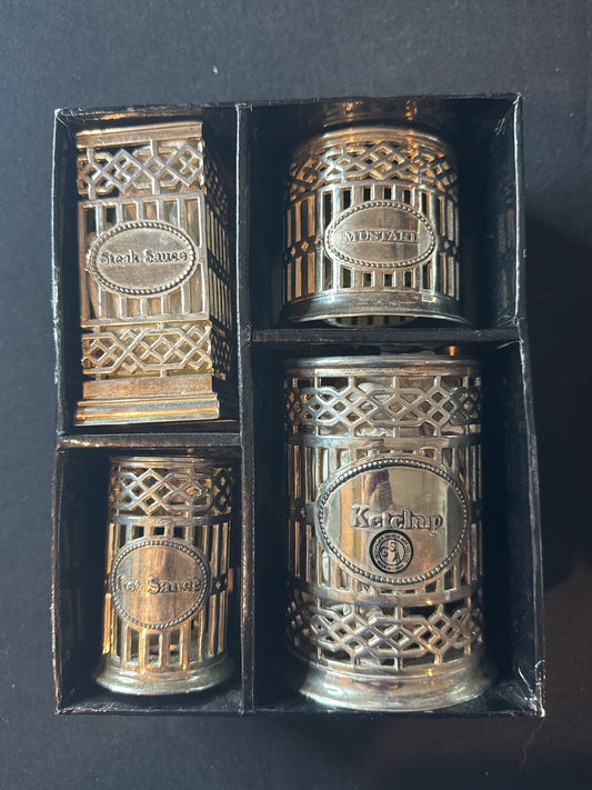 Neiman Marcus Godinger Condiment Holders Set Ketchup Mustard Steak Sauce Hot Sauce