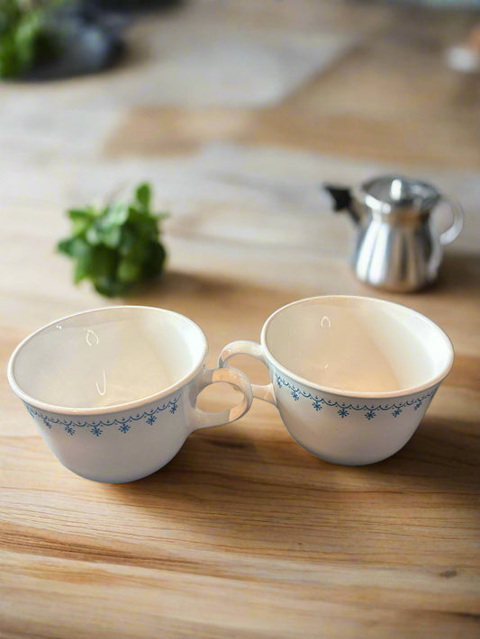 Pair of Corelle Blue Snowflake Garland Tea Coffee Cup C Handle Livingware Corning 2.75" Tall