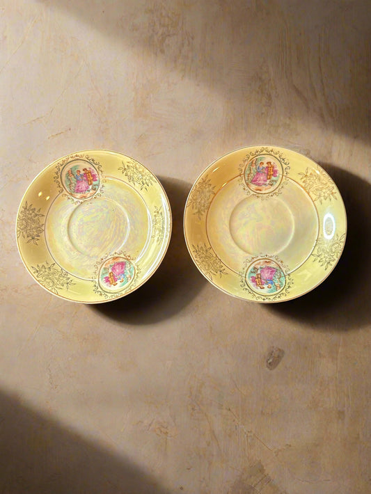 Pair of Vintage Lusterware Saucers - Possible Royal Vienna No Markings Pink & Gold 5 5/8"