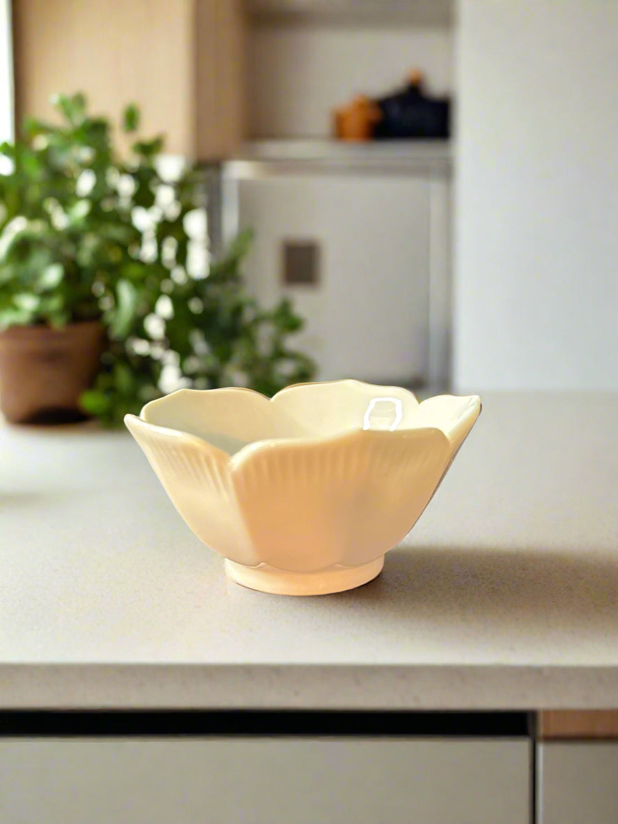 Small White Rice Bowl MCM Lotus Shaped Ceramic Made in Japan 2.5" Wide 1.75" Tall