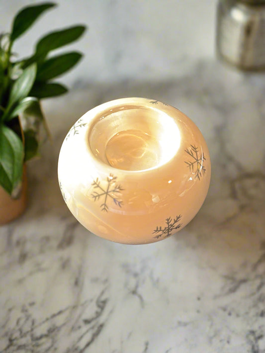 Snowflake Iridescent Candle Holder White 2.5" Tall x 3.5" Wide