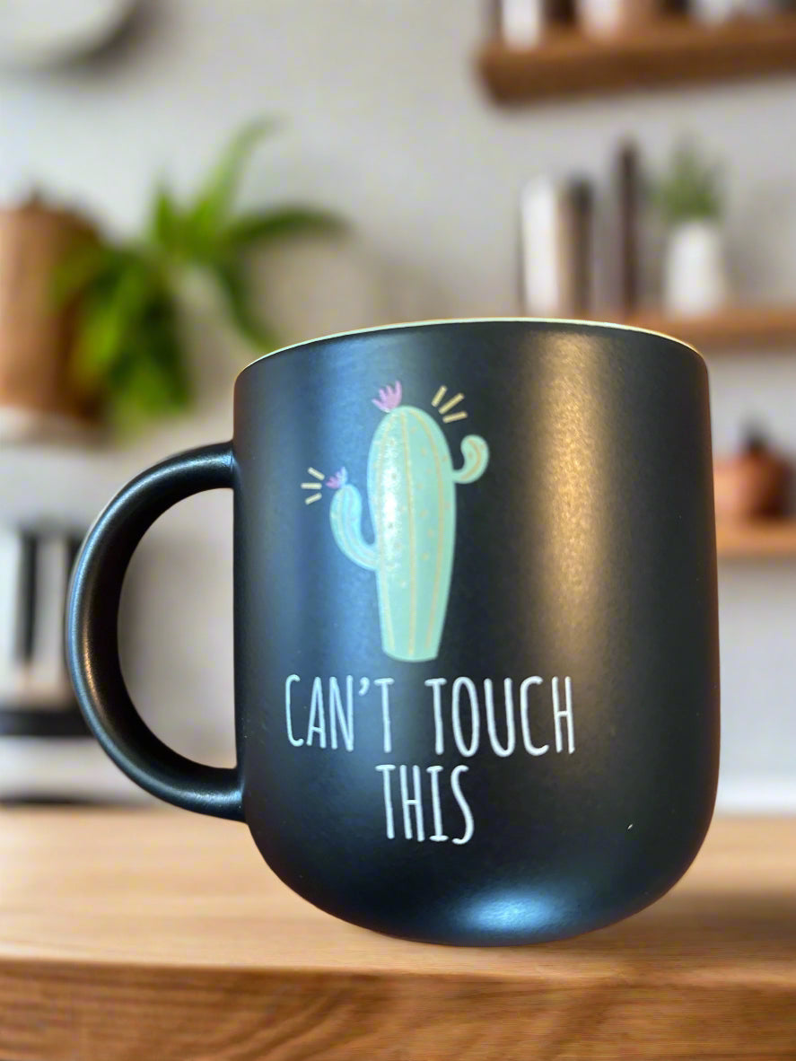 Can't Touch This Cactus Coffee Cup Mug Black w/ Green Interior New