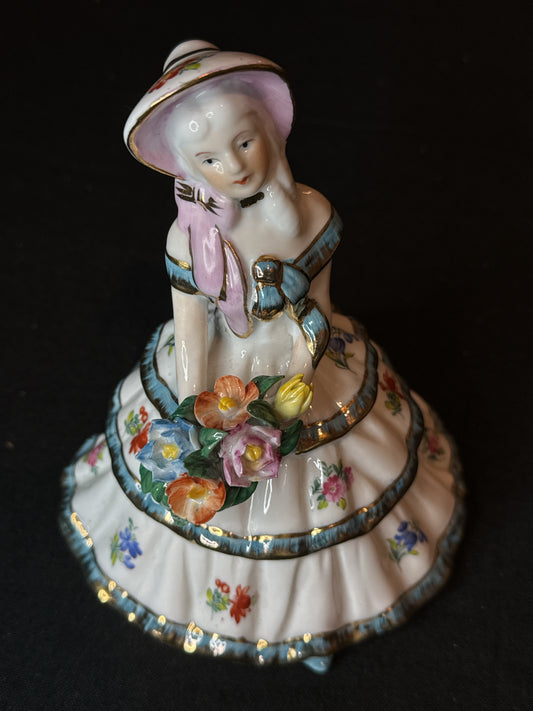 Porcelain Girl Figurine with Blue and White Floral Dress 7" Tall
