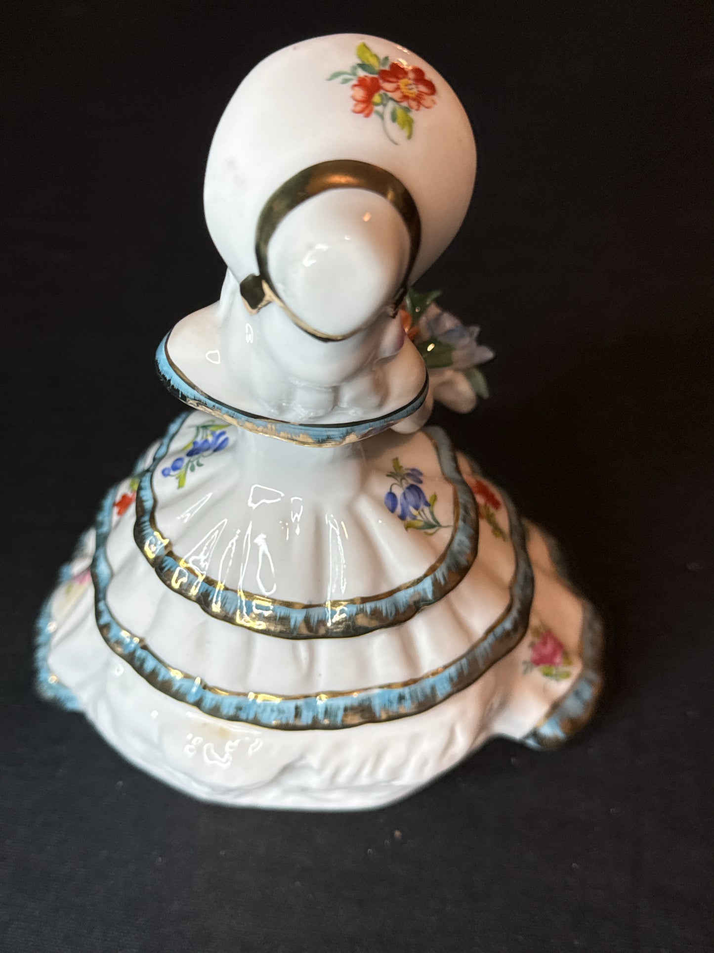 Porcelain Girl Figurine with Blue and White Floral Dress 7" Tall
