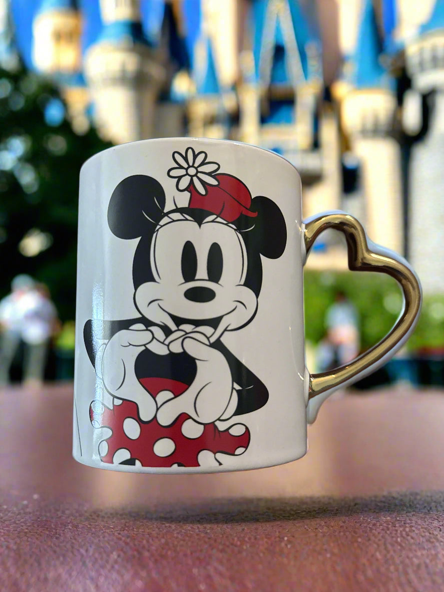 Disney Minnie Mouse Love Heart Hands Coffee Cup Mug Red Interior Gold Heart Handle