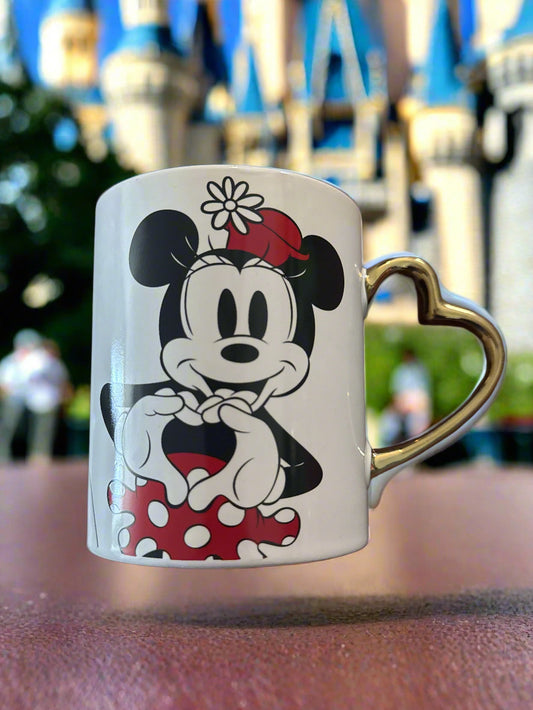 Disney Minnie Mouse Love Heart Hands Coffee Cup Mug Red Interior Gold Heart Handle