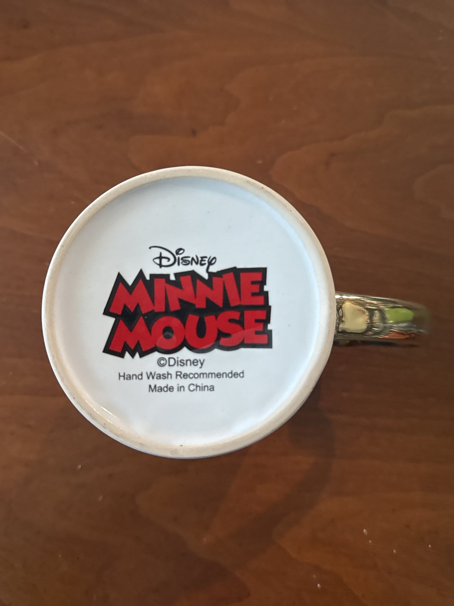 Disney Minnie Mouse Love Heart Hands Coffee Cup Mug Red Interior Gold Heart Handle