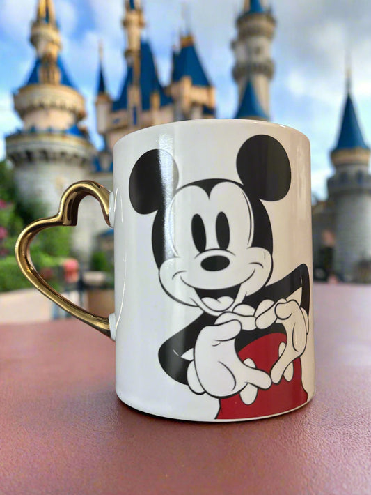 Disney Mickey Mouse Love Heart Hands Coffee Cup Mug Black Interior Gold Heart Handle