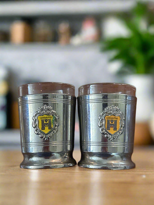 Pair of Landstuhl/Pfalz Crest Pewter Shot Glass with Glass Insert 2 3/8" Tall
