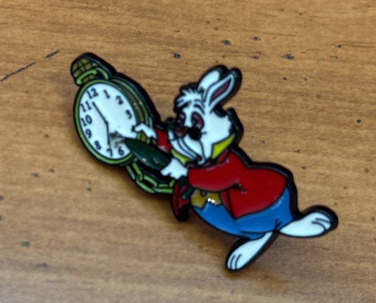 White Rabbit Character From Alice in Wonderland Disney Holding Clock Metal Enamel Pin Small