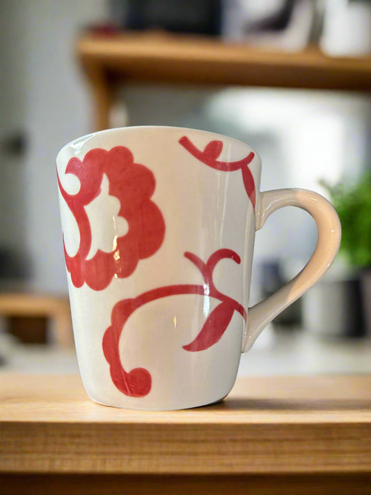 Sandra Coffee Cup Mug by Sandra Lee Red and White Floral Design Rare Find 4.25" Tall