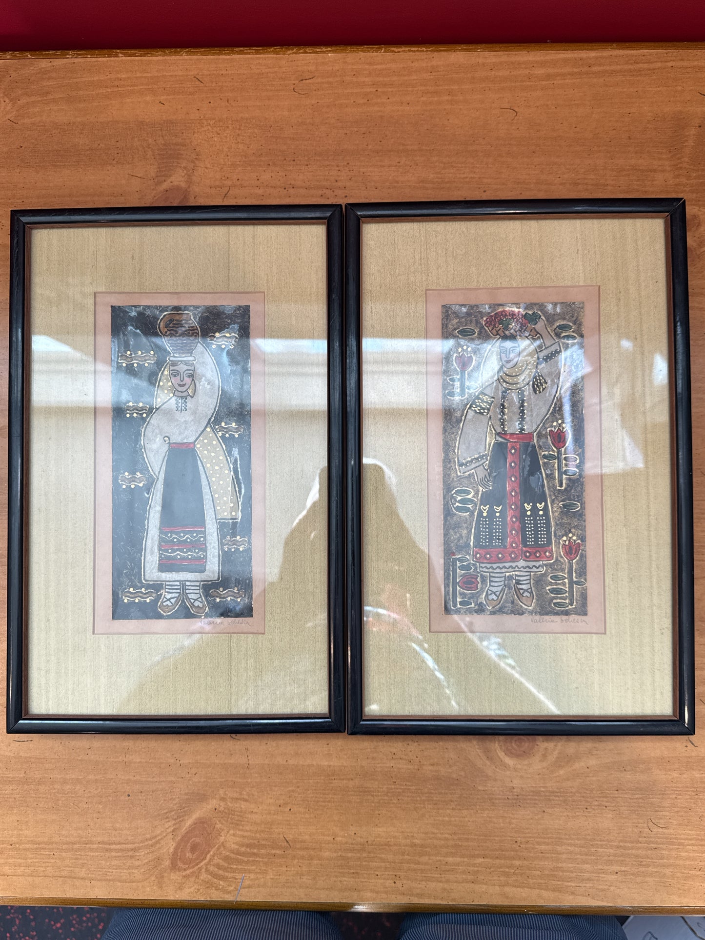 Two Pictures Framed by Valerie Bohlesca? (spelling) Slovik Folk Art Women