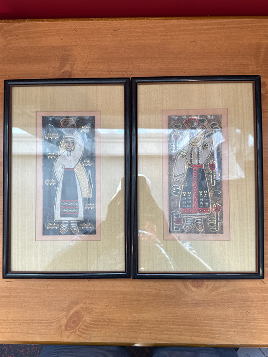 Two Pictures Framed by Valerie Bohlesca? (spelling) Slovik Folk Art Women