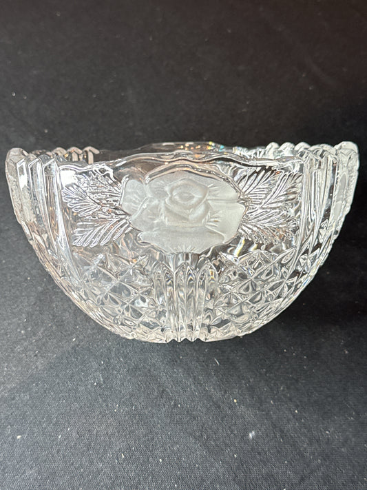 Frosted Rose Design Lead Crystal Glass Bowl 6.75" x 5.25" x 3.75 Tall